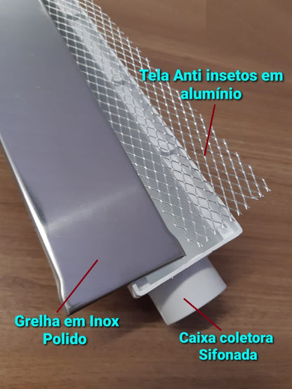 Ralo Linear Sifonado 6x50 Oculto com Grelha Lisa em Inox Polido com Tela Anti Inseto