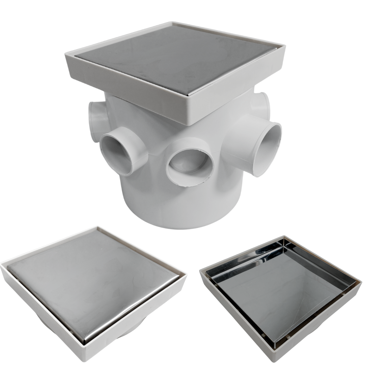Ralo 10x10 Inox Invisivel "Cola Piso" com Coletora + Caixa Sifonada 100mm