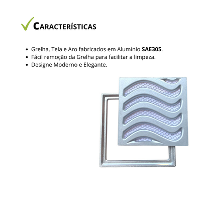Ralo Grelha em Alumínio Elite 15x15 com Aro de Fixação e tela