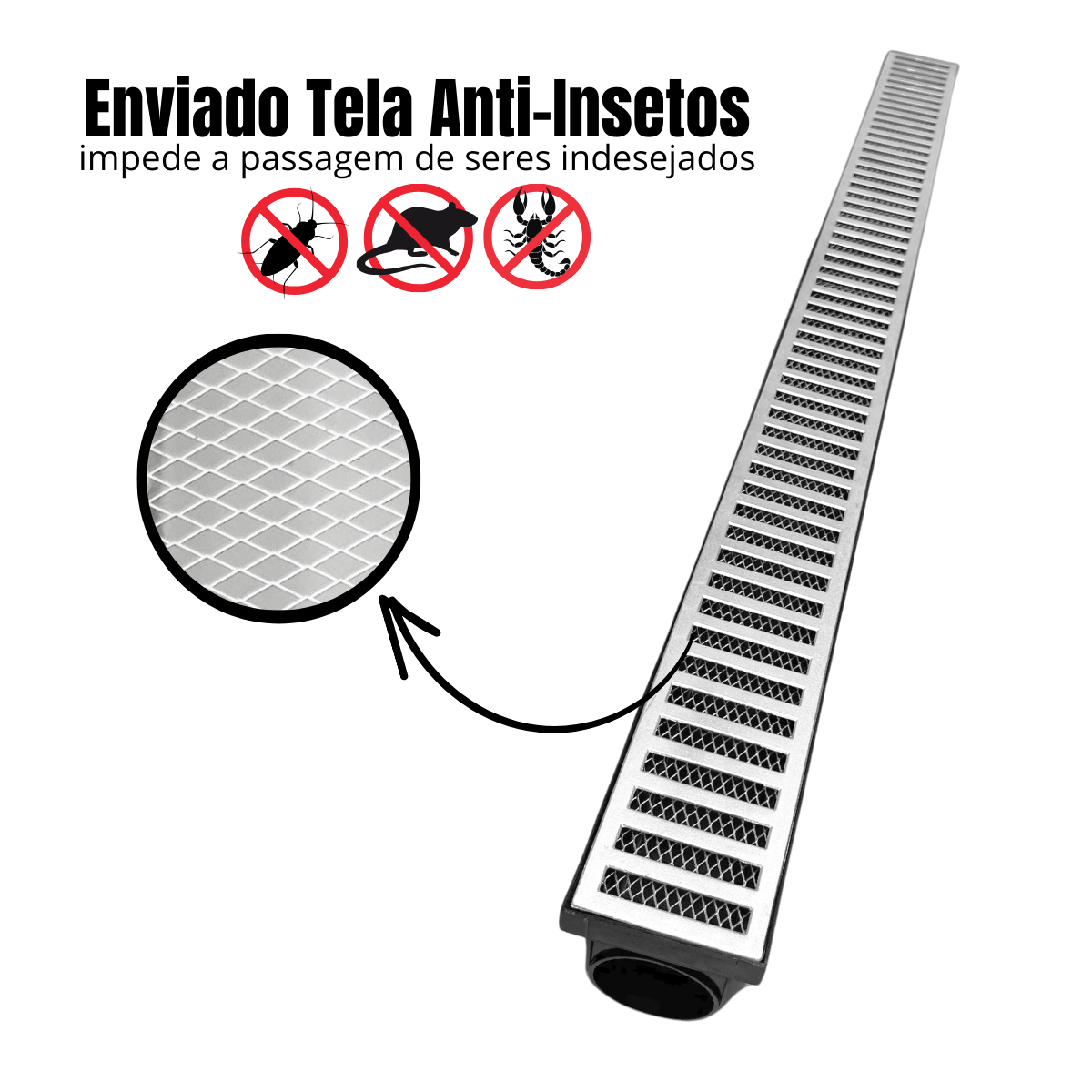 Ralo Linear Anti Insetos 8X100cm com Grelha em Alumínio Fundido e Coletora Sequencial com saída de 50mm