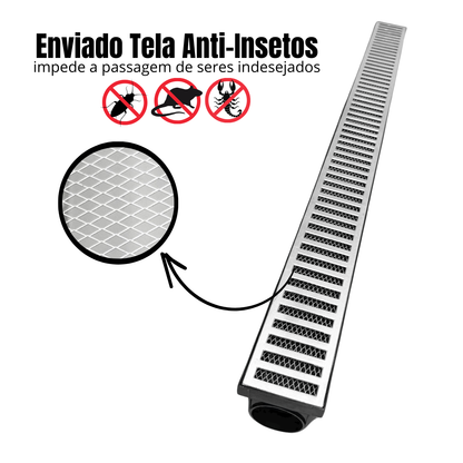 Ralo Linear Anti Insetos 8X100cm com Grelha em Alumínio Fundido e Coletora Sequencial com saída de 50mm
