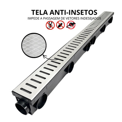 Ralo Linear 8X100 com Grelha em Inox 304 com Coletora Sequencial 50mm com Tela Anti Insetos
