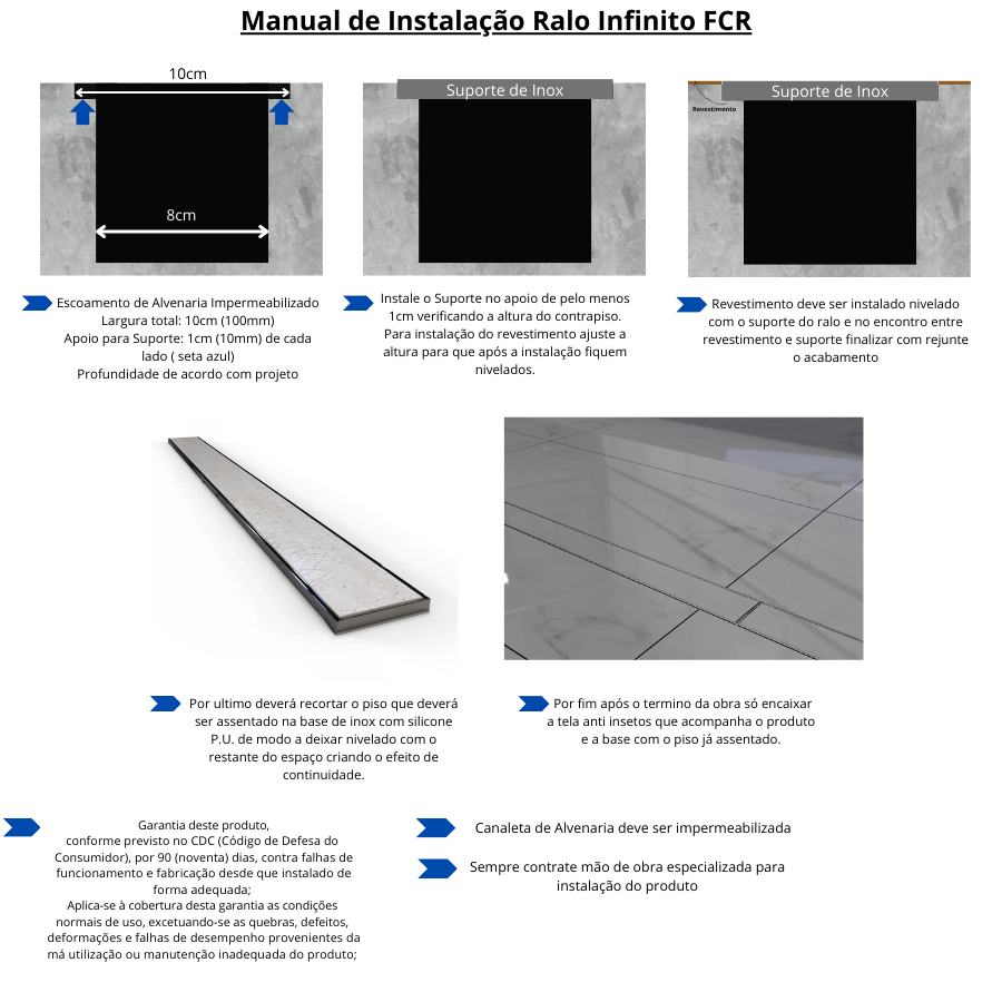 Ralo em Inox 304 - Modelo 10x100 Invisivel "Cola Piso" com Aro e Tela