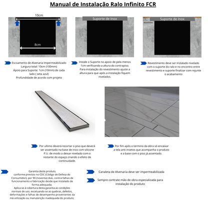 Ralo em Inox 304 - Modelo 10x100 Invisivel "Cola Piso" com Aro e Tela