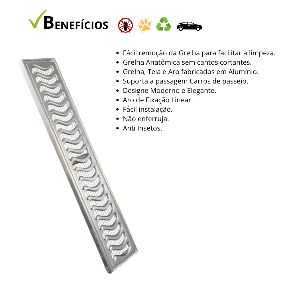 Ralo Linear Elite 10x50cm com aro de fixação e tela anti inseto