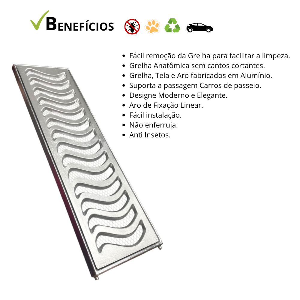 Ralo Linear Elite 15x50 com aro de fixação e tela anti-inseto