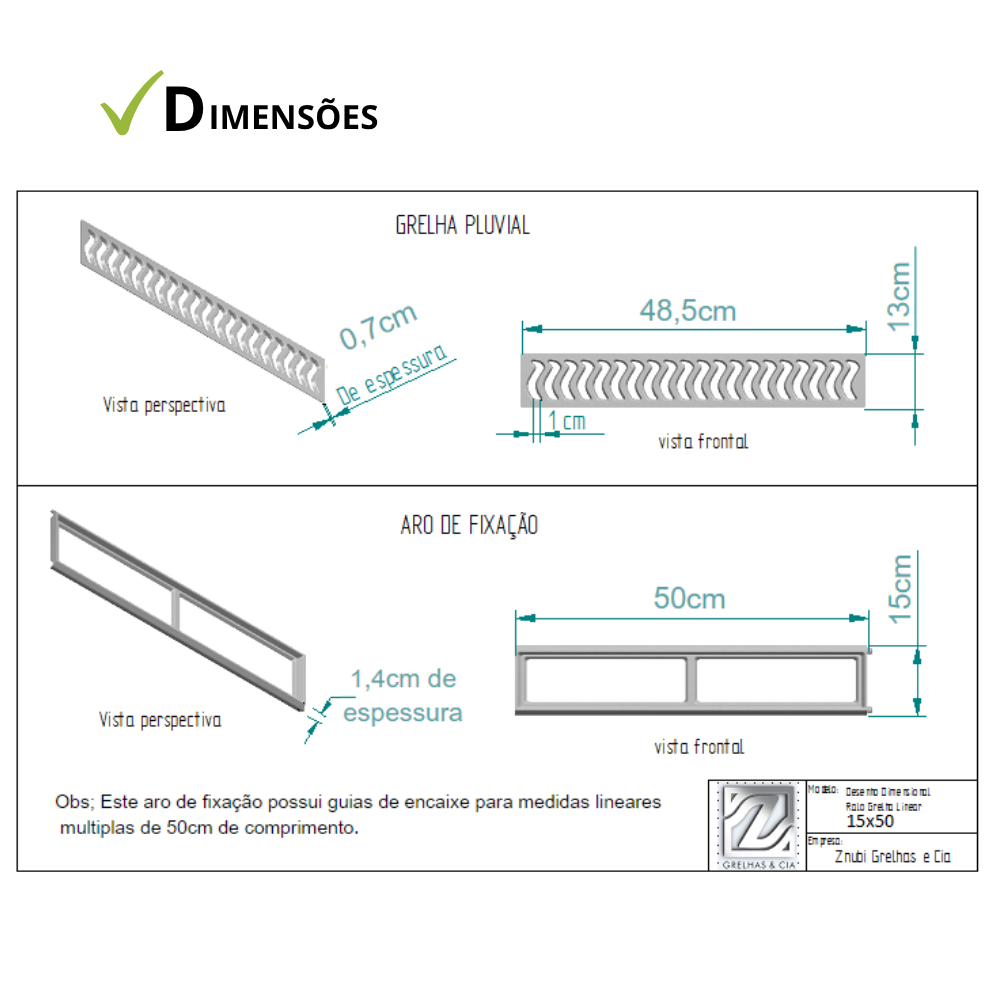 Ralo Linear Elite 15x50 com aro de fixação e tela anti-inseto